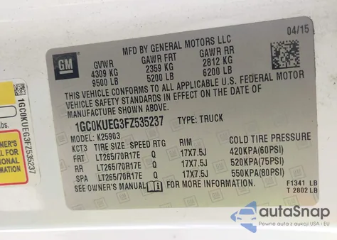 2015 Chevrolet Silverado 2500Hd Wt из США, поврежденный, VIN 1GC0KUEG3FZ535237